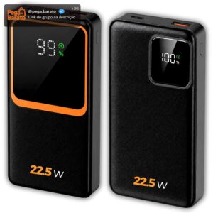 Carregador Portátil (Power Bank) 20000Mah Turbo 22.5w Carregamento Ultra Rápido PD Visor Led com 2 Saídas Compatível com Android e IOS (Preto) - Imagem 1