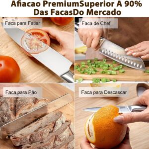 Conjunto de 7 Facas Profissionais em Aço Inoxidável 3CR13, Ultra Afiadas (V-Sharp 15°), Lâminas Inteiriças, Antiferrugem, Design Ergonômico – Inclui Chef, Pão e Churrasco – Garantia de 10 Anos - Imagem 8