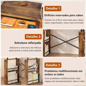 Escrivaninha Mesa para Computador, Mesa para Escritório de 2 Níveis com Tomada Integrada e Espaço de Armazenamento Lateral, Ideal para Home Office e Jogos, Cor Marrom - Imagem 6
