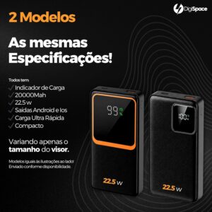 Carregador Portátil (Power Bank) 20000Mah Turbo 22.5w Carregamento Ultra Rápido PD Visor Led com 2 Saídas Compatível com Android e IOS (Preto) - Imagem 5