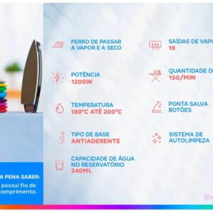 Ferro de Passar Roupa a Vapor e a Seco Black+Decker FX1050 Branco e Roxo - Imagem 2