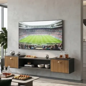 Painel Rack Suspenso Sala Tv At 75 Ripado Com Portas Premium - Imagem 11
