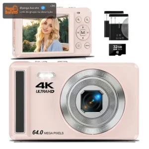 Câmera Digital Acrensly 4K 64MP Rosa maquina fotografica Para Vlog com Zoom 16x e Foco Automático, Tela IPS 2.8", Cartão 32GB e 2 Baterias - Imagem 1