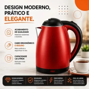Chaleira Elétrica Inox Vermelha Hold On 1.8L, Com Desligamento Automático e Aquecimento Rápido - Imagem 3