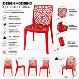 Kit 8 Cadeira Gruvyer Vermelha Moderna Ergonômica Suporta 140kg Empilhavel Resistente Feita Para Área Interna e Externa Bar Restaurante Escritório Casa Sala De Jantar Cozinha Gourmet Design Decorativo - Imagem 6