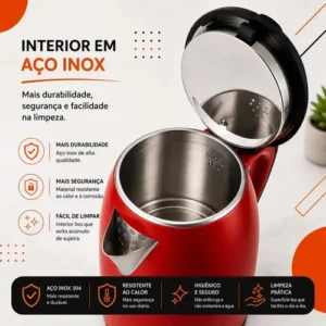 Chaleira Elétrica Inox Vermelha Hold On 1.8L, Com Desligamento Automático e Aquecimento Rápido - Imagem 4