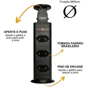 Torre 03 Tomadas Retrátil De Embutir Mesa Cozinha Sobrepor Bancada Escritório Totem Bivolt Plug 16A - Imagem 7