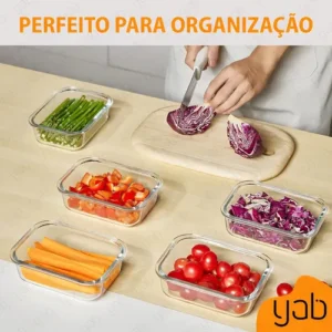 Yab - Kit 5 Potes De Vidro Marmita C/ Tampa Hermético 640ml Retangular 4 Travas Borossilicato Alimentos Micro-ondas Freezer Geladeira - Imagem 7