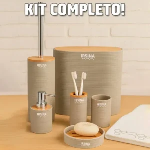 Kit Banheiro Completo Acessórios De Bambu Moderno Lixeira Com Tampa Escova Saboneteira Cor Bege Irsina - Imagem 3