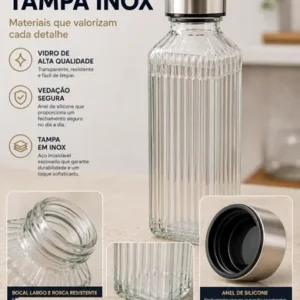 Kit 3 Garrafas Vidro Canelado Tampa Inox Geladeira Água - Imagem 8