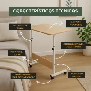 Mesa Lateral Ergonômica Multiuso Com Altura Regulavel E Rodinhas Mesinha Notebook Laptop Cama Sofá Ajustavel Cor Madeira Luvinco - Imagem 5