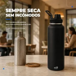 1000ml Garrafa Térmica Isolada A Vácuo Squeeze Aço Inox 304 para Água Gelada Esporte Academia com Alça e Bico Preto Sólar - Imagem 5