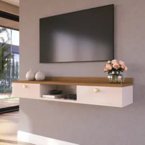 Rack Suspenso Home Para Tv Bancada Flutuante 2 Portas Sala Quarto Off White Canela - Imagem 3