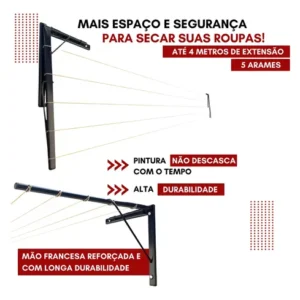 Varal De Parede E Muro Reforçado Suporta Até 90 Kg - Imagem 5