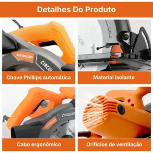 Serra Circular Elétrica 185mm 1650w Com Guia Laser Aitoolzo Laranja - Imagem 6