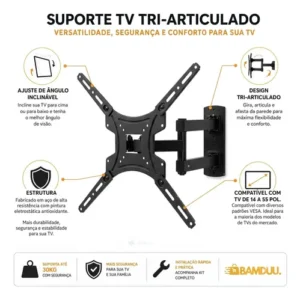 Suporte Tv Tri-articulado Universal Monitor Braço Longo Reforçado Regulável E Inclinável Lcd Led Plasmas 14 A 55 Polegadas Cor Preto Bamduu - Imagem 9