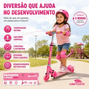 Patinete 3 Rodas Infantil Menina Rosa Dobrável Ajustável Led - Imagem 2