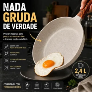 Frigideira Cerâmica Antiaderente 24cm Indução Cooktop Fogão a Gás Não Gruda Sem Óleo Cor Creme - Imagem 2