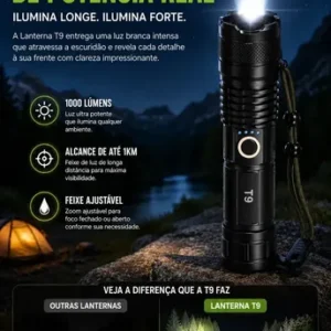 Kit 2 Unidades - Lanterna Tática Militar T9 Mais Forte Do Mundo Profissional Lanterna Potente Led Mais Forte Do Mundo Acampamento Viajens Caça Camping - Commlite Branco Preto - Imagem 5