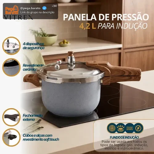 Panela De Pressão Indução 4,2L Revestimento Ceramico Antiaderente Com 4 Valvulas De Segurança Fechamento Externo, Cabos Soft Touch Vitrex Cinza Granito