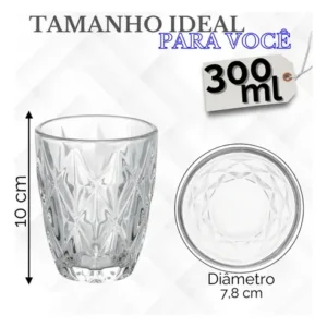 Jogo 6 Copos Diamond 300ml Vidro Grosso Diamante Luxo Moderno Resistente Buffet Casual Baixos Transparente - Imagem 5