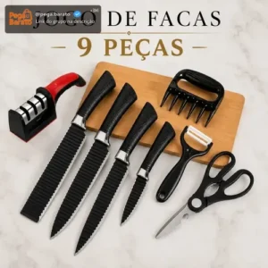 Kit Jogo De Facas Inox Conjunto 9 Peças Cozinha Churrasco Tesoura Descascador Tabua Brinde Aquattro - Imagem 1