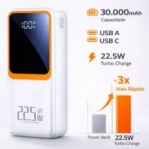 Power Bank 30000mah Branco Turbo 22,5w Carregamento Rápido Usb Tipo C Lightniing Alta Capacidade Portátil Compatível Com Celular Smartphone Tablet iPad Segurança Inteligente - Imagem 4
