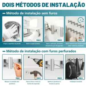 Cabideiro De Parede 5 Ganchos 304 Inox Adesivos Suporte - Imagem 8