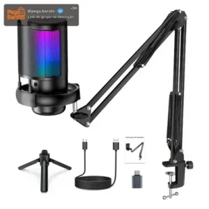 Microfone Condensador USB Cardioide RGB para Gravação e Jogos Preto - Imagem 1