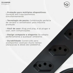 Filtro de Linha com Protetor de Surto DPS iClamper Energia 5 Tomadas 3 Pinos 10 Amperes com Tecnologia LCF Anti Raio Clamper Cor Preto - Imagem 4