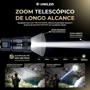 Lanterna Militar Tatica LED Mais Forte do Mundo Potente Zoom Telescópico Alto Brilho Resistente Agua Sitio Fazenda UNILED - Imagem 4