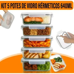Yab - Kit 5 Potes De Vidro Marmita C/ Tampa Hermético 640ml Retangular 4 Travas Borossilicato Alimentos Micro-ondas Freezer Geladeira - Imagem 10
