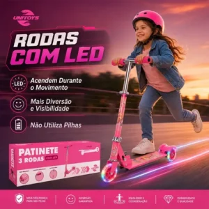 Patinete 3 Rodas Infantil Menina Rosa Dobrável Ajustável Led - Imagem 4