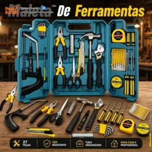 Kit Maleta Jogo Ferramentas 27 Peças Residencial Completa Conserto Oficina Manutenção Chave Inglesa, Estilete, Chaves Allen, Fenda E Phillips, Lanterna, Martelo, Serra, Tesoura, Trena, Fita Isolante - Imagem 1