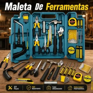 Kit Maleta Jogo Ferramentas 27 Peças Residencial Completa Conserto Oficina Manutenção Chave Inglesa, Estilete, Chaves Allen, Fenda E Phillips, Lanterna, Martelo, Serra, Tesoura, Trena, Fita Isolante - Imagem 1