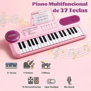 Teclado 37 Teclas BrincaMundo Com Microfone Karaokê Brinquedo Crianças Musical Educativo Piano Rosa - Imagem 6