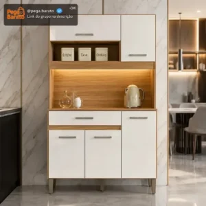 Kit Armário De Cozinha Compacto Magazine Com 5 Portas E 1 Gaveta Multiuso E Bancada Multifuncional Organizador Design Moderno Cor Freijó Off White - Imagem 1