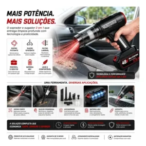 Aspirador De Pó Portatil Recarregável Turbo Com Bateria 48v 3000mah Sem Fio Automotivo Elétrico Soprador Para Casa Carro Escritório Preto 127/220v - Multicontrol - Imagem 8