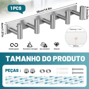 Cabideiro De Parede 5 Ganchos 304 Inox Adesivos Suporte - Imagem 3