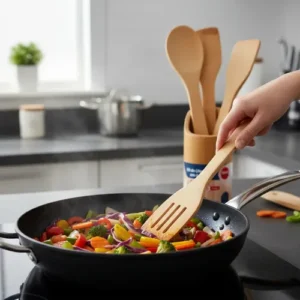 Kit De Utensílios Bambu 5 Peças Pau Colher Garfo Espátulas - Imagem 5