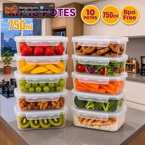 Kit 10 Potes 750ml com Tampa Trava Plástico Transparente para Mantimentos e Alimentos Marmita Organizador de Cozinha Geladeira e Freezer Jogo de Potes para Organização Ponte Lar Utilidades