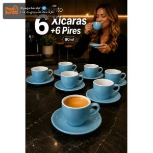 Jogo 6 Xicaras C/ Pires Café Ceramica 90ml 12 Peças Cores - Imagem 1