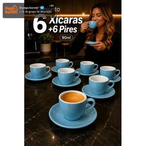 Jogo 6 Xicaras C/ Pires Café Ceramica 90ml 12 Peças Cores