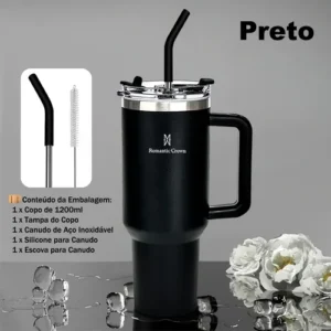 Copo Térmico Gigante 1,2l Inox Com Tampa E Inox Canudo Cor Preto Cor Pura / Material Fosco - Imagem 6
