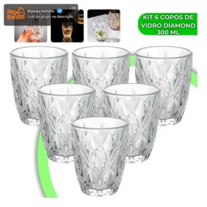 Jogo 6 Copos Diamond 300ml Vidro Grosso Diamante Luxo Moderno Resistente Buffet Casual Baixos Transparente - Imagem 1