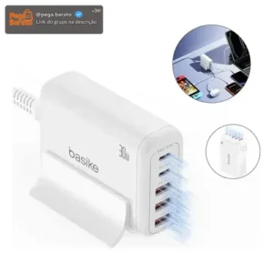 Carregue todos com um só: Basike GaN 30W Turbo Vórtice, 5 portas USB A+C, cabo Type-C 1,5m incluso, bivolt, carregamento rápido para iPhones e Androids. - Imagem 1