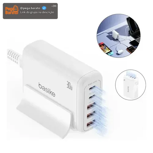 Carregue todos com um só: Basike GaN 30W Turbo Vórtice, 5 portas USB A+C, cabo Type-C 1,5m incluso, bivolt, carregamento rápido para iPhones e Androids.