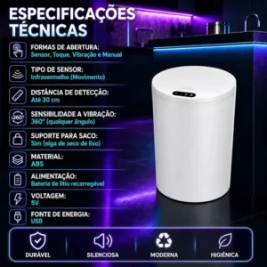 Lixeira Automática Sensor Recarregável Escritório usb 16 L - Imagem 9
