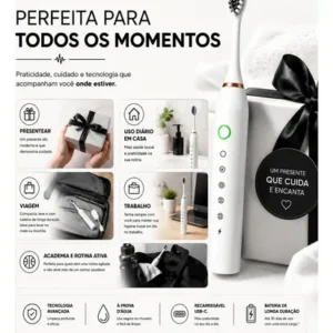 Escova Dental Elétrica Branca Sonic Recarregável 4 Refis Usb - Imagem 7