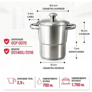 Panela Cuscuzeira Inox 16cm 2,5L Fogão Indução Gás Aço Inoxidável Cozedor A Vapor Para Cuscuz Nordestino Compatível Cooktop Elétrico Vitrocerâmico Fundo Triplo Utensílio Cozinha TOPHUS - Imagem 7